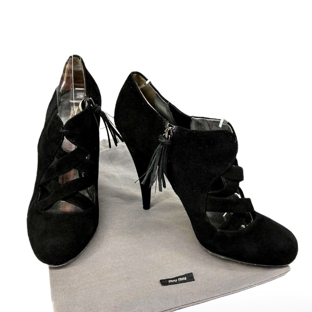 Miu Miu Black Suede Cutout Criss Cross Cage‎ Bootie Heels Tassels EU 37 US 7